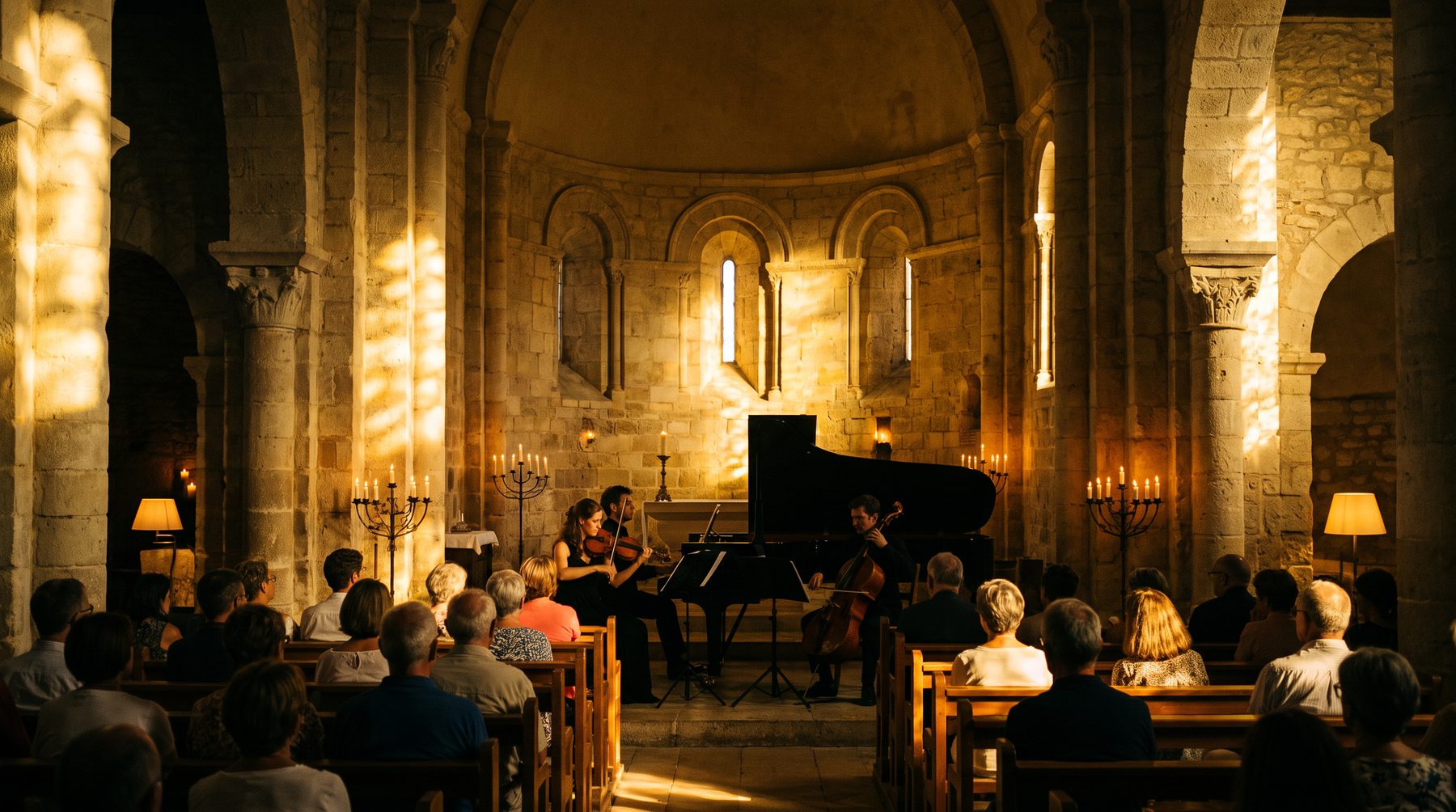 Concert de musique de chambre dans l'église de Maignaut-Tauzia à la lumière dorée