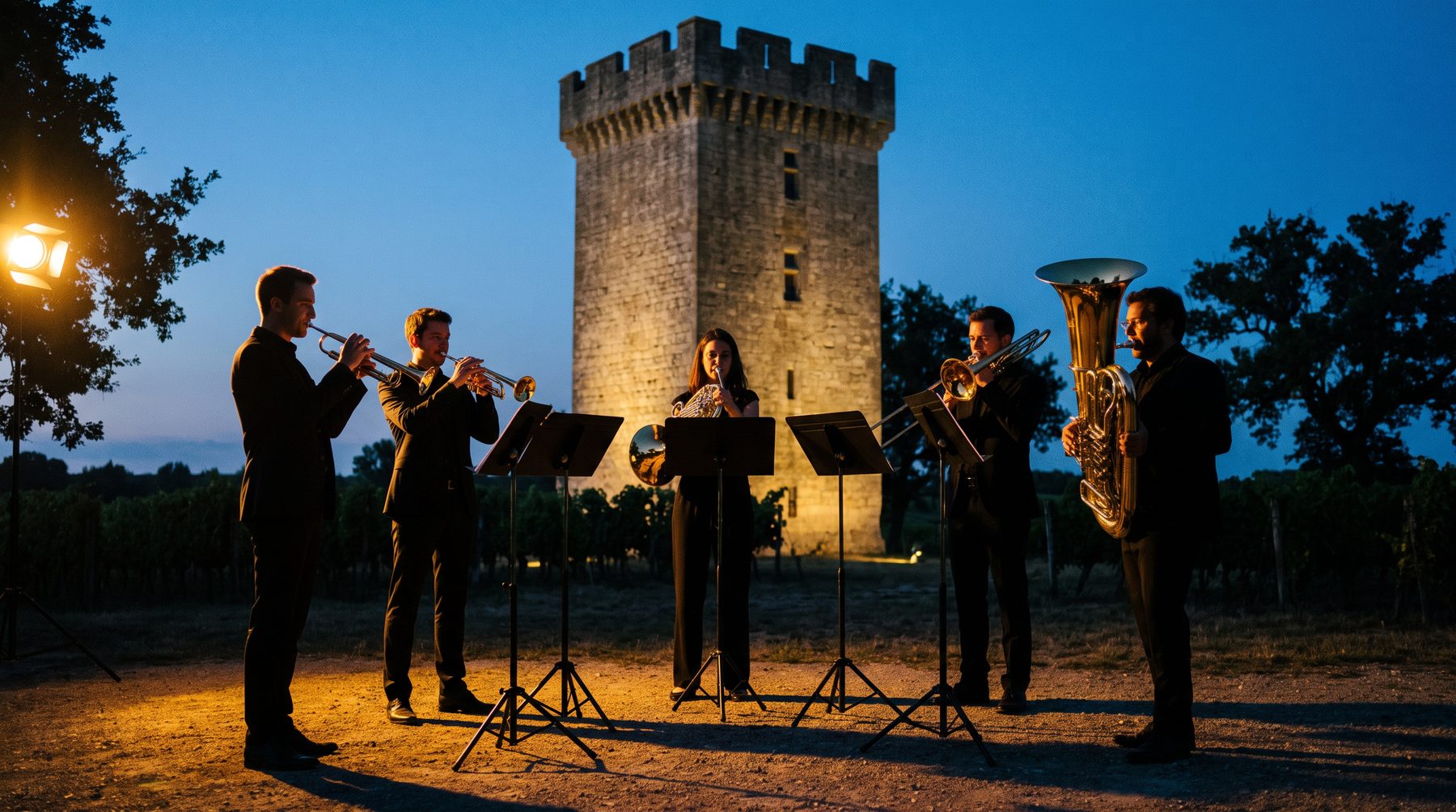 Le quintette de cuivres jouant au pied de la tour illuminée à la tombée du jour