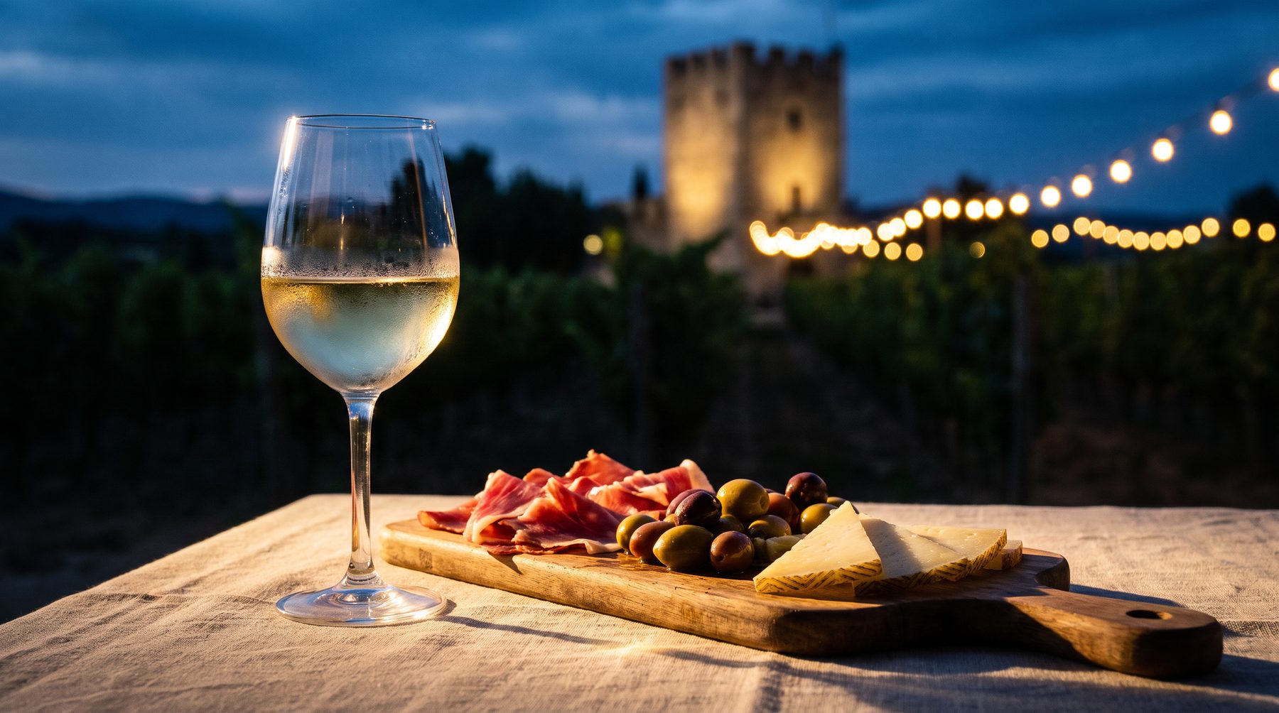 Verre de vin blanc et planche de tapas sur une table en lin, la tour de Herrebouc en arrière-plan